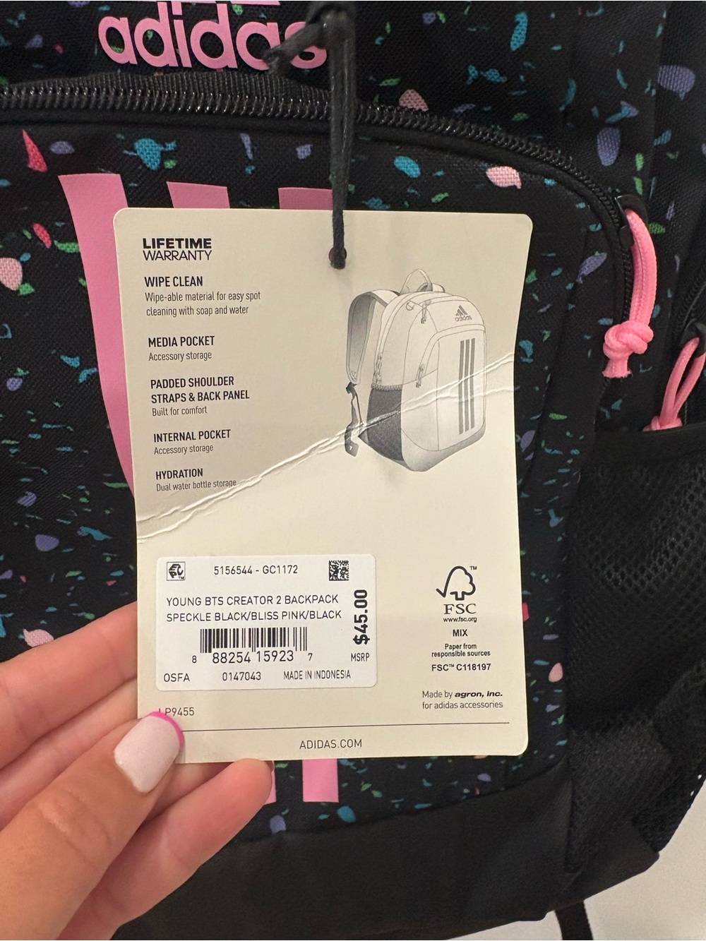 NWT Adidas kids Black Backpack with speckle/confetti design - Picture 2 of 5